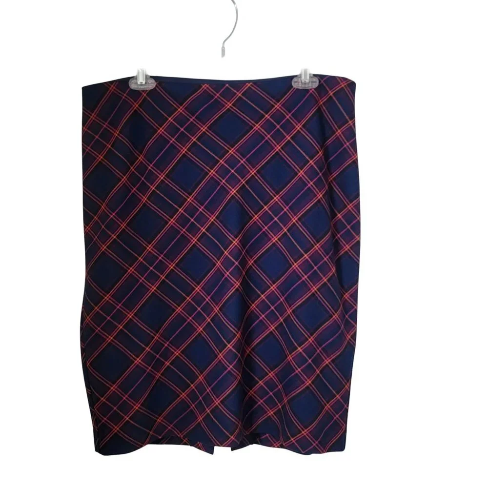 Trina Turk Size 12 Crissy Tartan Plaid Pencil Skirt Navy Blue, Pink & Orange